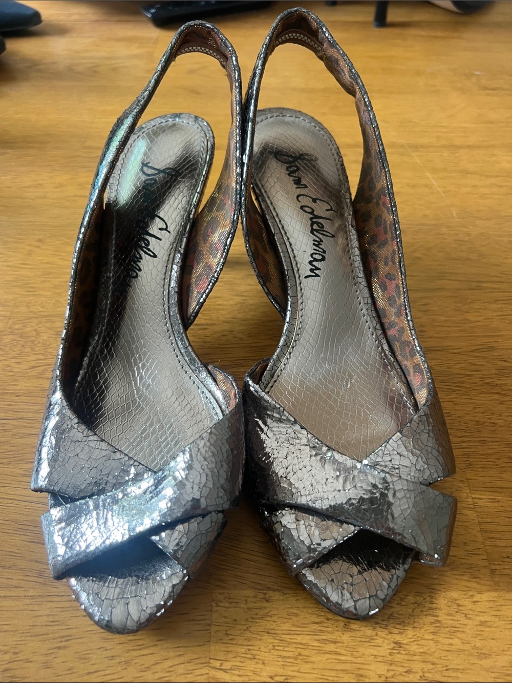 Sam Edelman Silver Metallic Peep-Toe Slingback Heels
